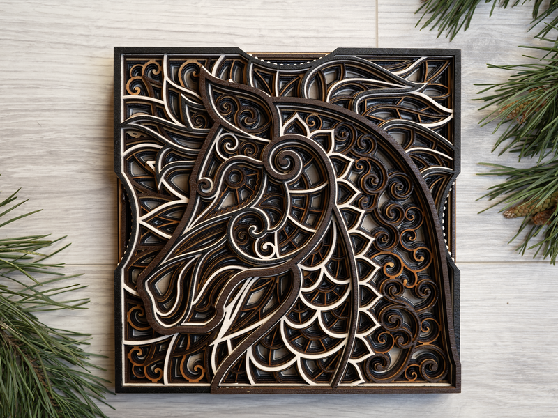 Wooden wall decor horse mandala