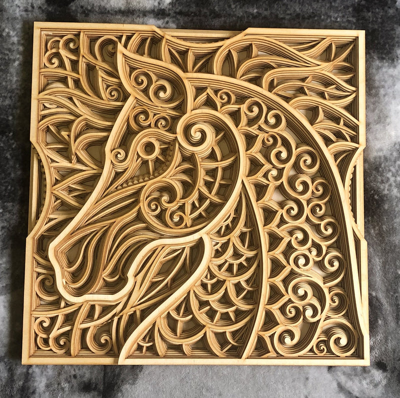 Wooden wall decor horse mandala